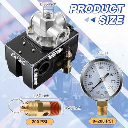 Dreyoo Air Compressor Pressure Switch 135-175 4-Port 20 Amp with 0-200 PSI Gauge and 200 PSI Safety Relief Valve, 1/4" NPT Replacement Pressure Switch Parts for Air Compressor