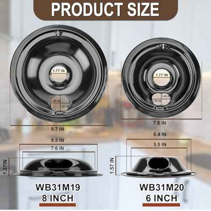 WB31M20 WB31M19 Black Porcelain Drip Pan Set & WB30M2 WB30M1 Electric Range Burner Element Unit Set by Cenipar-Compatible with GE Hotpoint Kenmore Range/Stove-Includes 2¡¿6¡± and 2¡¿8¡±