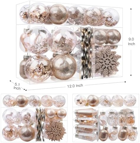 SHareconn 52pcs Christmas Balls Ornaments Set, Shatterproof Plastic Clear Decorative Baubles for Xmas Tree Decor Holiday Wedding Party Decoration with Hooks Included, Champagne