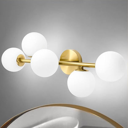 Mid Century Modern Bathroom Vanity Lights, 5-Light Bathroom Light Fixtures Brass Gold Bathroom Lights Semi-Flush Mount Ceiling Light, Gold Wall Sconce Wall Light with Globe Frosted Milk Glass, G9 Base