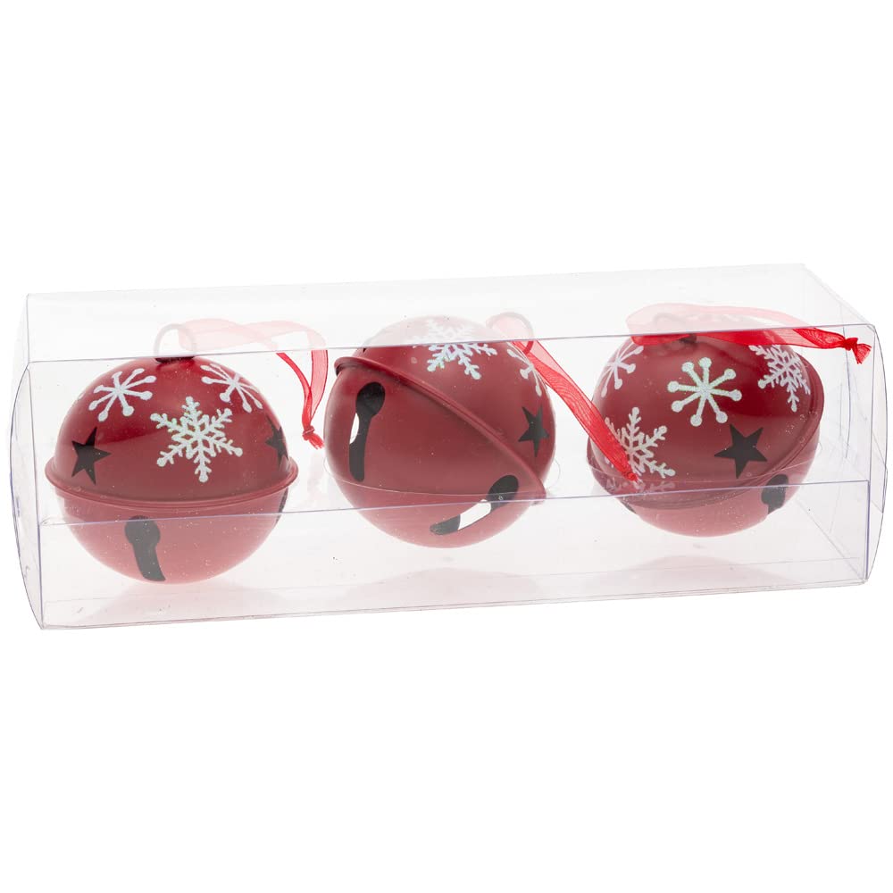Boston International Christmas Winter Holiday Xmas Bells Tree Ornaments, Set of 3, Red & White