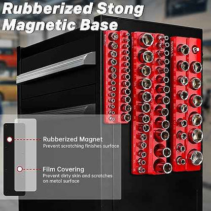 SHALL Magnetic Socket Organizer Set, 3-Piece SAE Socket Holders Include 1/4", 3/8", 1/2" Drive Socket Trays, Holds 68 Pieces Standard and Deep Size Sockets for Toolbox (Socket Not Included)