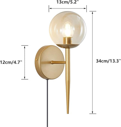 BOKT Vintage Brushed Gold Plug in Cord Wall Sconce Set of Two Mid Century Modern Globe Wall Sconce Lighting Plug in Set of 2 Vanity Bathroom Bedroom Bar Wall Lamp Plug in (Amber)