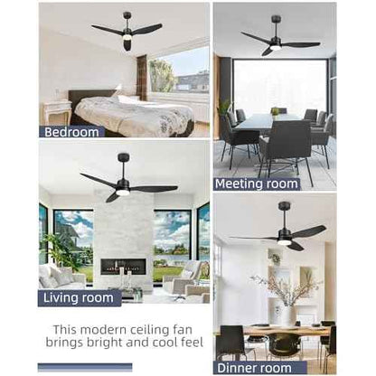 YOUKAIN 52 Inch Indoor/Outdoor Modern Ceiling Fan with Lights and Remote Control, Reversible Blades, for Living room, Bedroom, Bathroom, Matte Black, 52-YJ359-BK