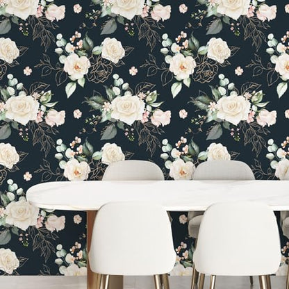 Floral Wallpaper Paper Peel and Stick Contact Paper Removable Black Gold Leaf Easy Peel Off Vinyl Wallpaper Self Adhesive for Bedroom Living Room 17.7 in x 6.6 ft