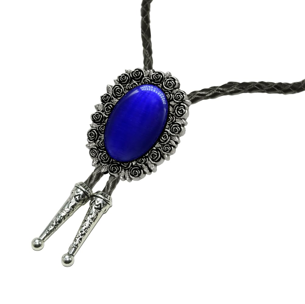 Moranse Bolo Tie With Emerald Blue and Black or More Colors Stone Celtic Style Genuine and Cowhide Rope (Rose Stone Blue)