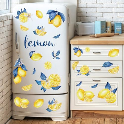 Whaline 12 Sheets Capri Lemon Wall Stickers Blue Yellow Fruit Wall Decals Watercolor Room Mural Stickers for Summer Party Home Nursery, 7.9 x 11.8 Inch