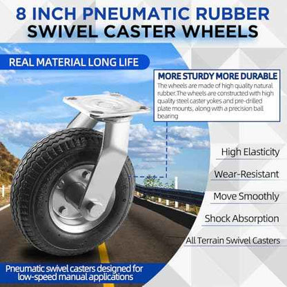 RRQ 8 Inch Caster Wheels, Pneumatic Swivel Caster Wheels with Zinc Top Plate 360 Degree Rotation for Cart, Dolly, Trolley, Workbench and Wagon, Black Rubber Wheels, 590 Lbs Total Capacity (2 Pack)