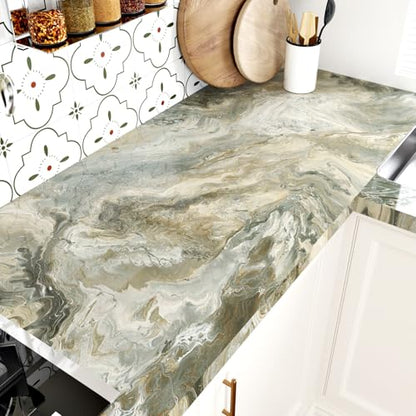 WESTICK Green Gold Marble Countertop Contact Paper Waterproof Peel and Stick Gold Marble Vinyl Wrap Removable Granite Wallpaper for Countertops Kitchen Island Tables Cabinets Camper 15.8" x 80"