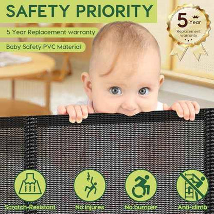 Reinforced 55" Wide Retractable Baby Gates with Reinforced Strips, Indoor/Outdoor Retractable Dog Gate for Doorway Prevent Bottom Drilling Through, No Bottom Bar Safety Mesh Baby Gate for Stair, Black