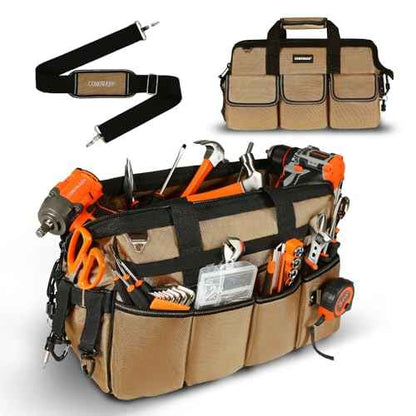 COMOWARE 16" Tool Bag, 19-Pocket Heavy Duty Tool Organizer with Adjustable 51.2" Shoulder Strap, 1680D Oxford Fabric & PVC Coating, Reflective Strips, Tactical Loops, Mechanics, Plumbers, DIY