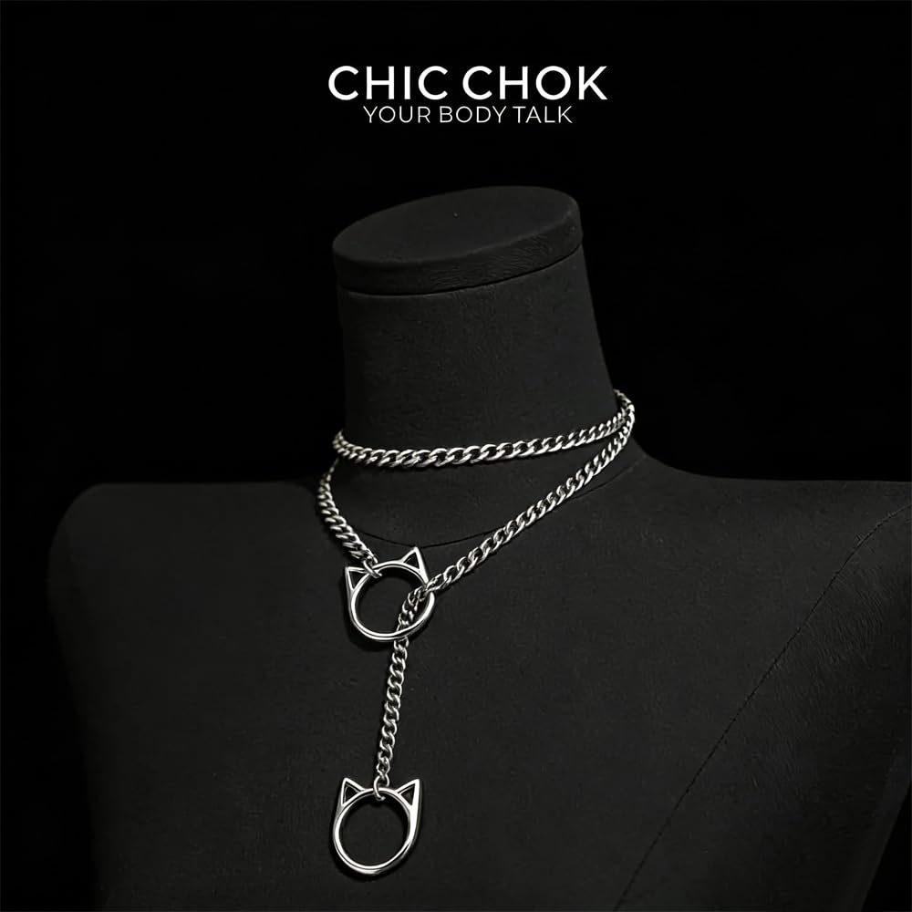 C CHIC CHOK YOUR BODY TALK Cat O-Ring Slip Chain Necklace Stainless Steel Cuban Chain Punk Choker Necklace Jewelry Gift for Women