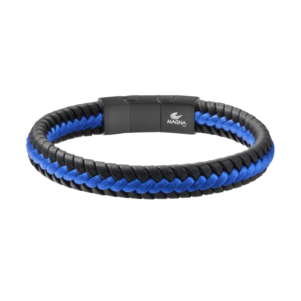 Magna Steel Men's Braided Genuine Leather Cord Bracelet (Navy Blue)