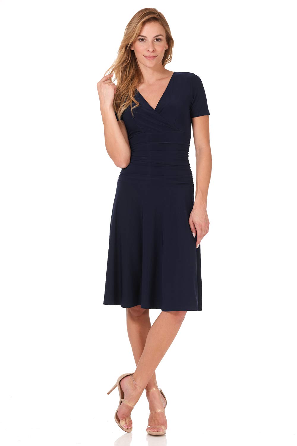 Rekucci Women's Slimming Short Sleeve Fit-N-Flare Crossover Tummy Control Dress (8 Short, Navy)