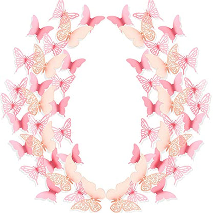 Outus 144 Pieces 3D Butterfly Wall Stickers Decor 3 Styles Butterfly Decals DIY Decorative Wall Art Cutouts Crafts Removable for Room Wedding Flower Party Decorations,(Pink)