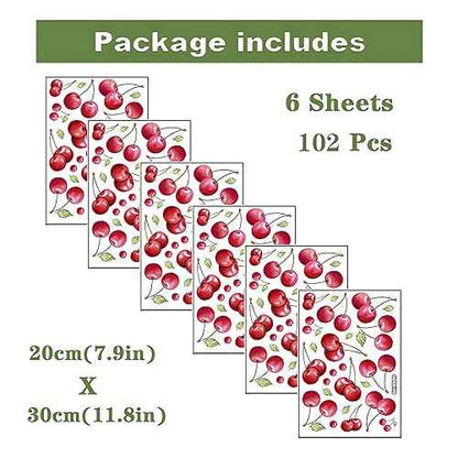 6 Sheets 102 Pcs Cherries Wall Stickers, sacinora DIY Cherry Fruit Art Wall Decals Removable Vinyl Peel and Stick for Nursery Living Room Bedroom Children's Room Playroom Furniture Closet Decorations