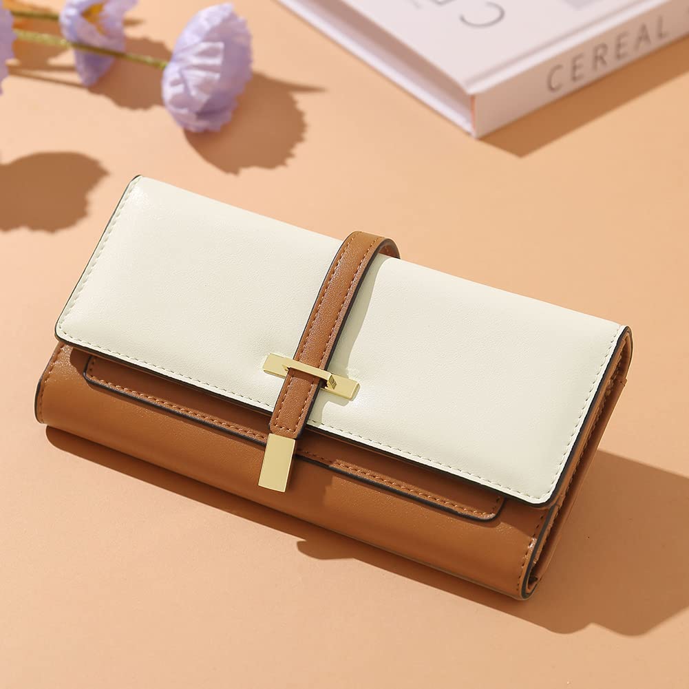CLUCI Leather Wallet for Women Slim Designer Trifold Ladies Credit Card Holder Brown and Beige