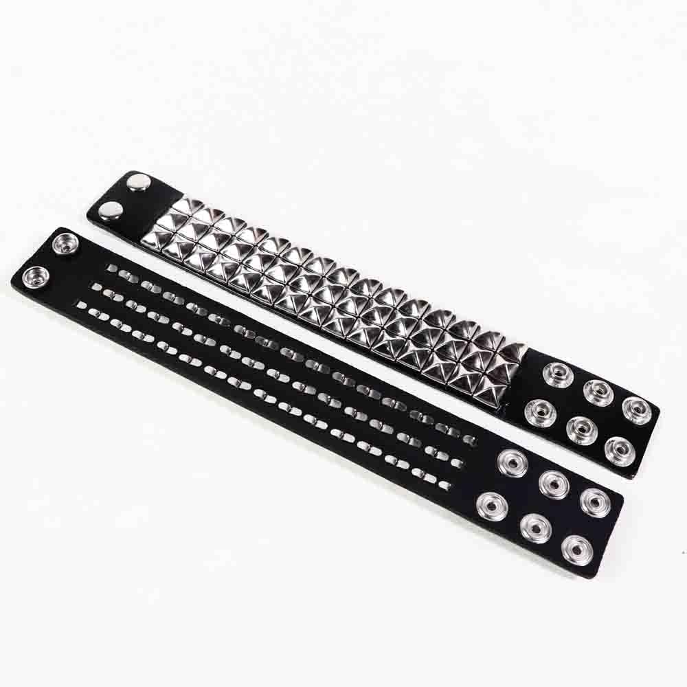 SCOPLATY Genuine Leather Bracelet Cuff with Spikes studded Rivets - Adjustable Metal Wristband for Men Women, 80s Goth Rock Accessories (Silver, Width 1.5 Three-row)