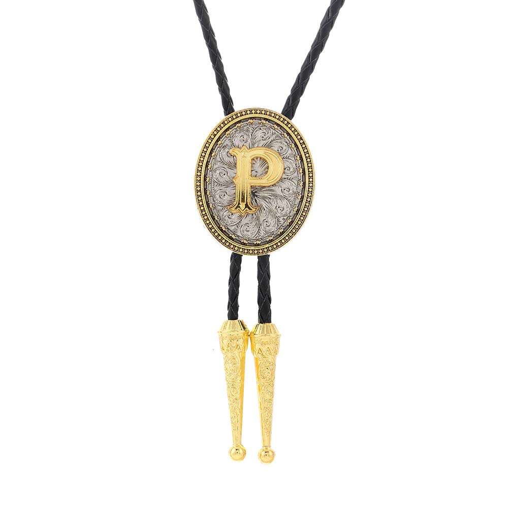 HOEACXY Initial Bolo Tie for Men Leather Cowboy Necktie Letter P Name Bola Accessories Personalized Gift for Him