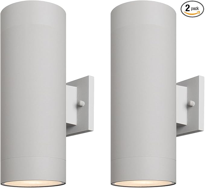 mirrea Modern Outdoor Porch Light Patio Light in 2 Lights with Aluminum Cylinder and Tempered Glass Cover Waterproof Wall Sconce 2 Pack (Metallic Gray)
