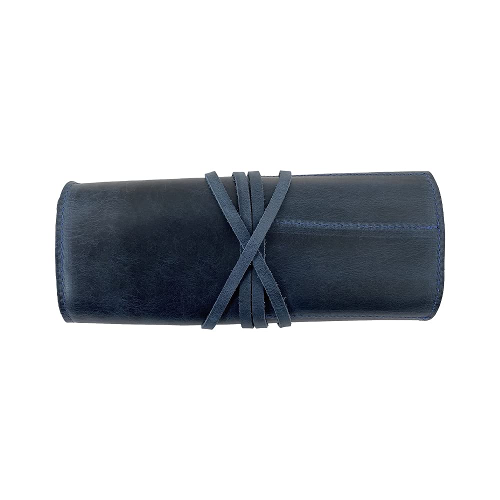 Hide & Drink, Rustic Pencil Roll Pouch, Multi-Purpose Storage Wrap for Scissors, Earphones, Organizer for Craft, Full Grain Leather, Handmade, Slate Blue