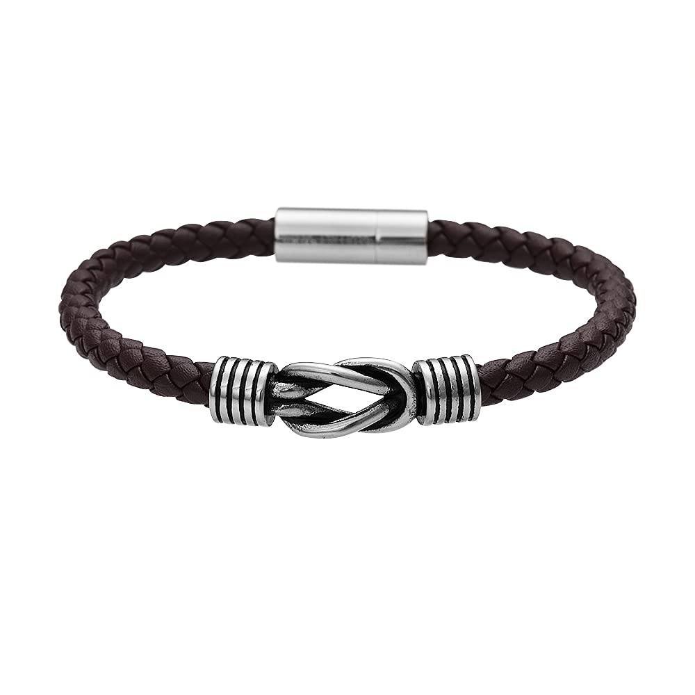 Geoffrey Beene Men's Braided Genuine Leather Knot Bracelet with Stainless Steel Closure (Brown, 8.5")