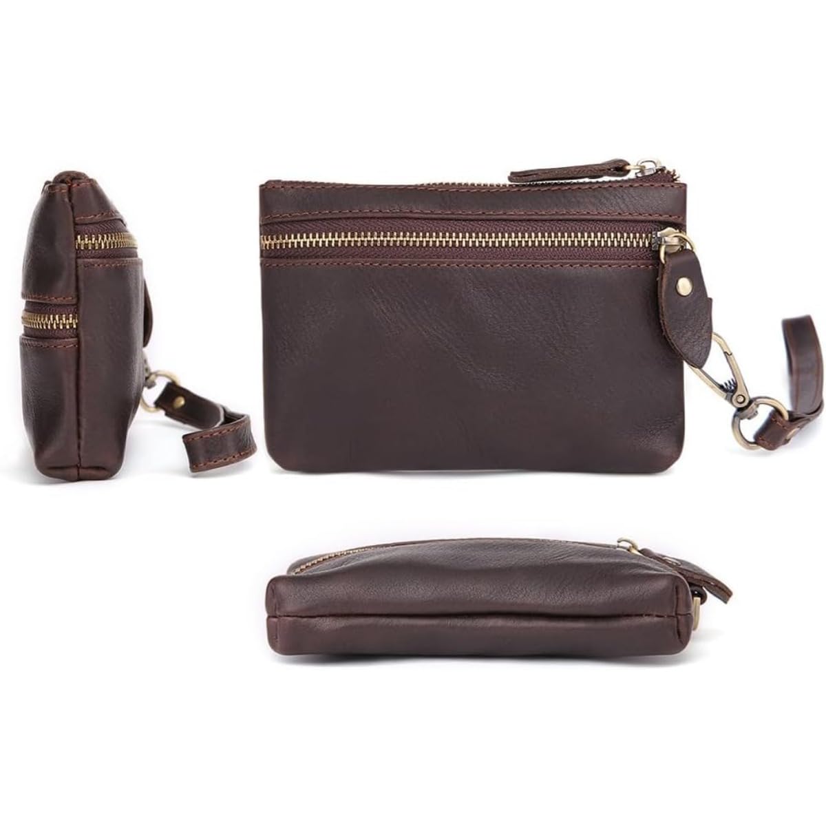 ZYLOXAR Genuine Leather Wallet Zipper Coin Purse with Keychain Wrist Bag Hand Bag Organizer Card Case Storage for Men (Brown)