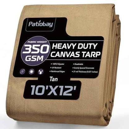 Canvas Tarp 10x12 Feet, 12 Oz Heavy Duty Waterproof with Rustproof Grommets, UV Resistant, Multipurpose Outdoor Tarpaulin for Camping, Canopy, Woodpile, Trailer (Tan)