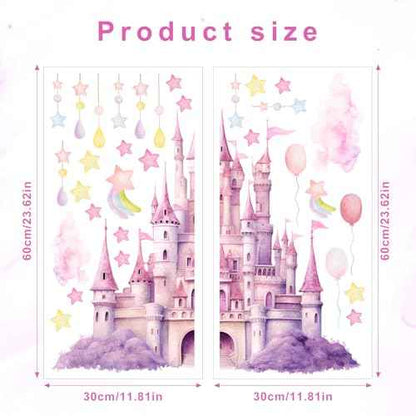 2 Sheets Princess Wall Decals, Pink Purple Princess Wall Stickers for Girls Room Large Peel and Stick Castle Mural Art Fairy Tale Stars Clouds Removable Wallpaper for Kids Nursery Bedroom