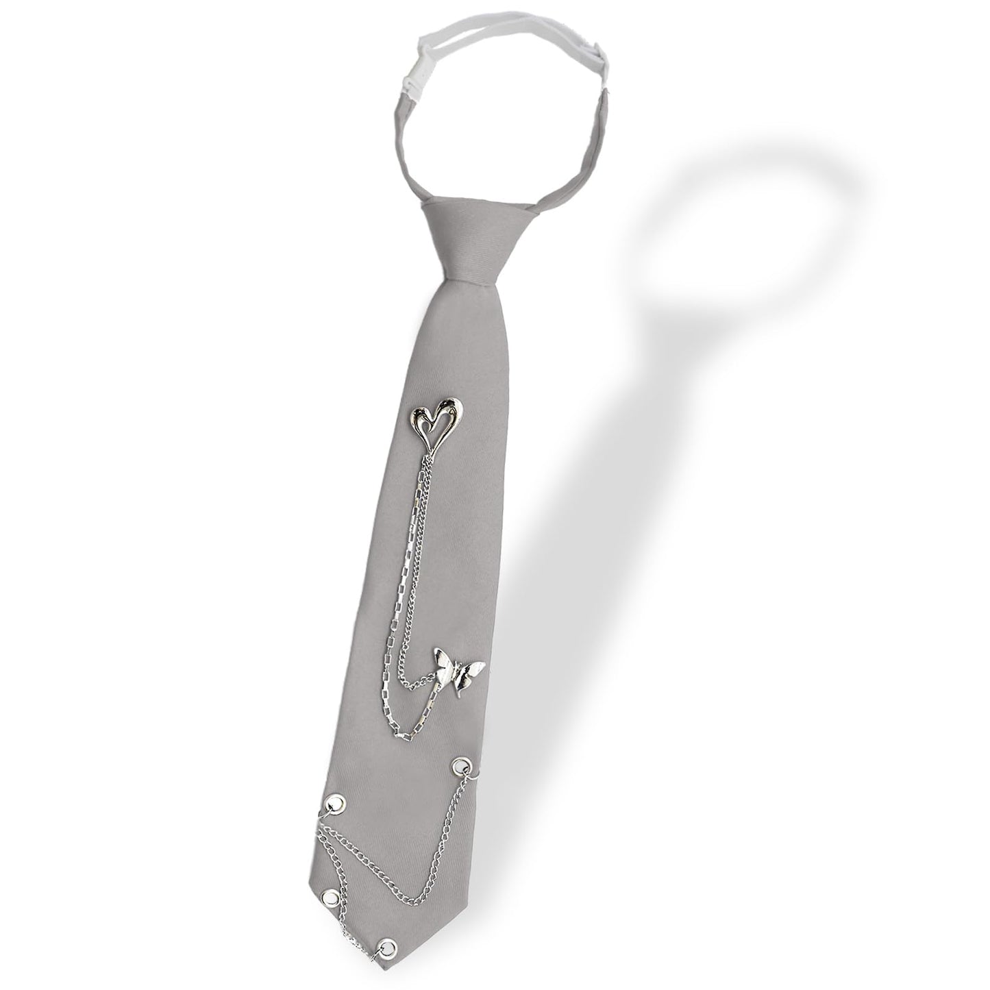 Gsyziux Punk Ties for Men, Tie with Chains Pre-Tied Adjustable Neckties for Uniform School Shirt (Light Grey)