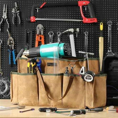 Tool Tote, Heavy Duty Waxed Canvas Wide Mouth Tool Pouch, Muti-Purpose Tool Bag with Adjustable Shoulder Strap (15 X 9.8 X 7.8 inch) | Khaki