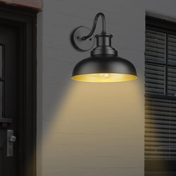Dusk to Dawn Outdoor Gooseneck Barn Light, Farmhouse Outdoor Wall Sconce, Rustic Exterior Wall Mount Light, Vintage Outside Lighting Fixture Industrial Black Lantern for Porch Garage Shed,1 Pack