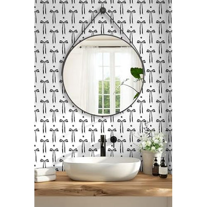 HAOKHOME Black Wall Paper Peel and Stick Modern Bow Ties Wallpaper Removable for Nursery Black/White Contact Paper 17.3in x 9.8ft