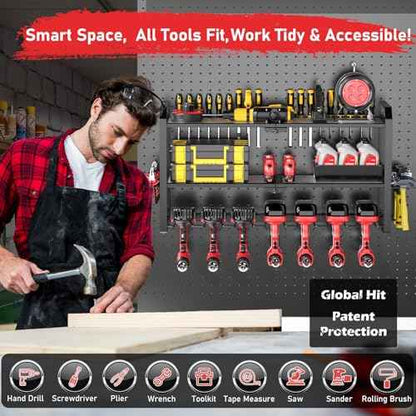 Power Tool Organizer Wall Mount, Upgraded 7 Drill Holder Wall Mount, Large 3-tier Cordless Tool Organizer & Storage Rack, Tool Shelf with Screwdriver/Plier/Hammer Holder, Men's Present (Black)