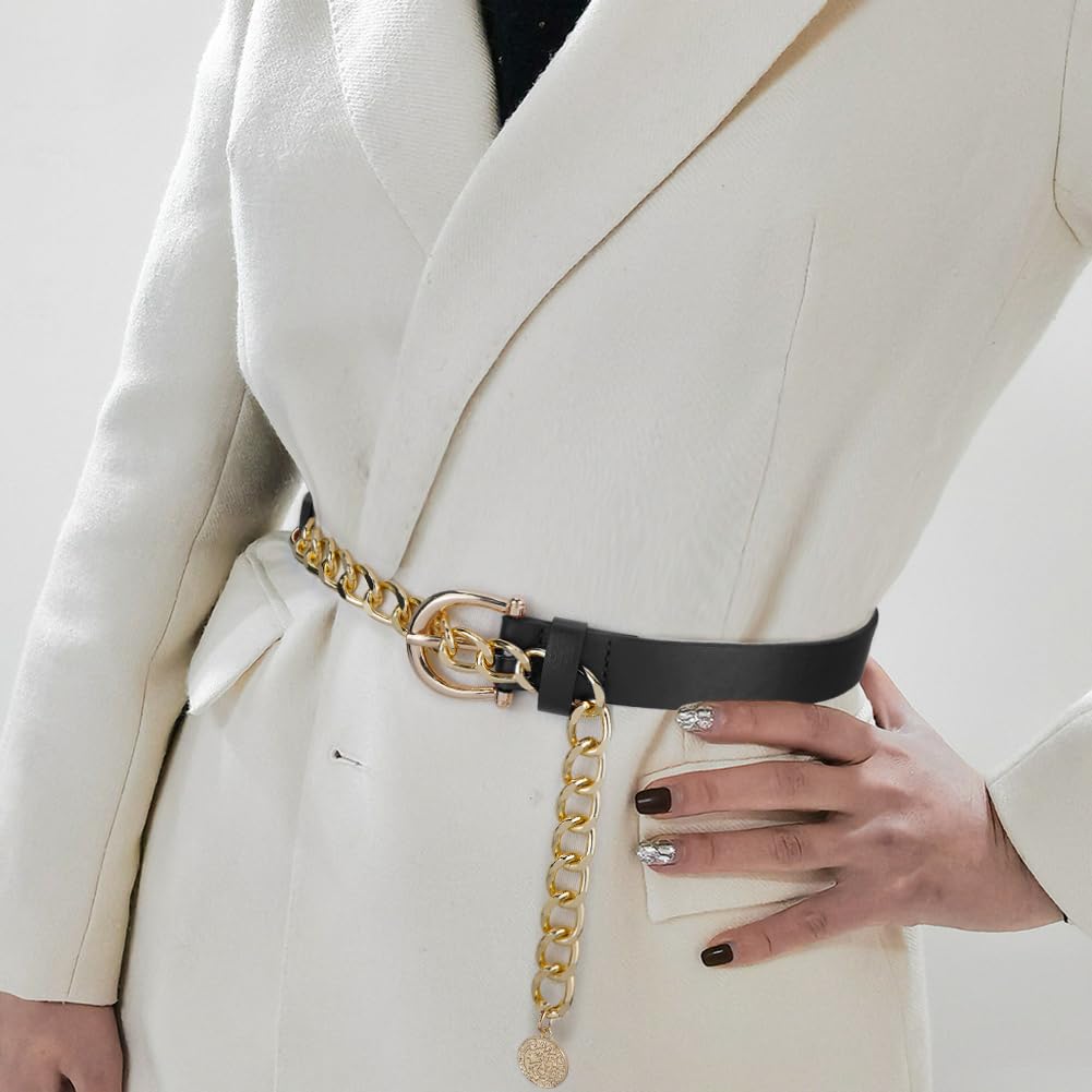 Heyjoin Waist Chain belts for Women Metal Body Waist Belt Chunky Leather Belly Link (Buckle Leather Black-M)