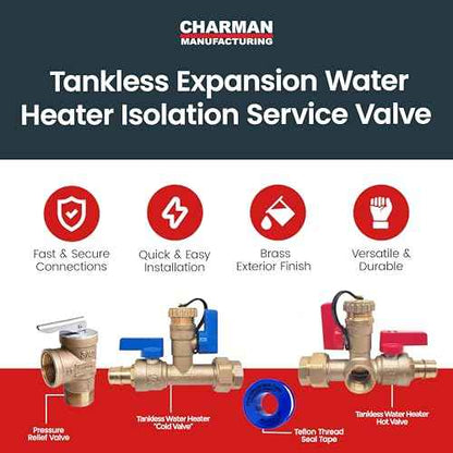 CMI Inc - 3/4 inch PEX A Tankless Water Heater Isolation Service Valve Kit ? Includes Pressure Relief Valve, Threaded Service Installation Valve - Compatible with Most Tankless Water Heaters