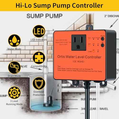 Hi-Lo Sump Pump Switch, Ortis Electronic Adjustable Float Switch Controller with Dual Sensors, LED Indicators, Corrosion-Resistant, 110/220V for Water Tanks Sewage Pits, Orange