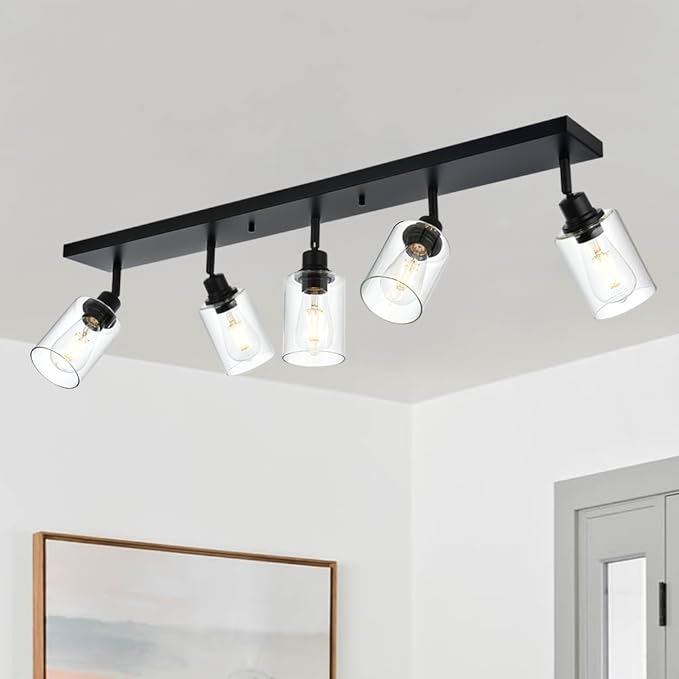 VINLUZ 5 Light Black Bathroom Spotlight Fixture with Rotatable Light Head Indoor Vanity Lighting with Clear Glass Shade Metal Ceiling Mount Fixture