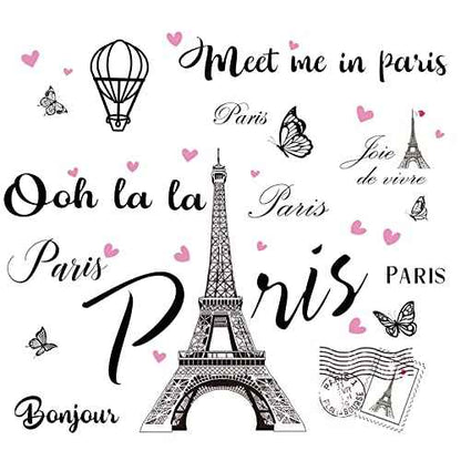 2 Sheets Paris Tower Wall Stickers Decor Paris Eiffel Tower Peel and Stick Wall Decal Large Black Removable Balloon Stickers for Bedroom Living Room Sofa Backdrop Romance Decoration
