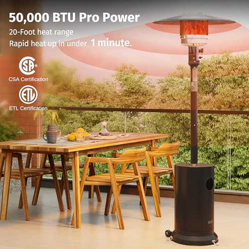 EAST OAK 50,000 BTU Patio Heater for Outdoor Use With Round Table Design, Double-Layer Stainless Steel Burner and Wheels, Outdoor Patio Heater for Home and Commercial, Bronze, 31.9" x 31.9" x 86.6"