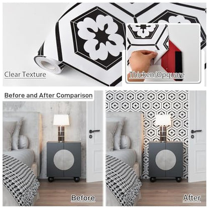Naphite Black and White Peel and Stick Wallpaper Boho Geometric Black Modern Self Adhesive Removable Wallpaper for Bathroom Kitchen Backsplash Waterproof Contact Paper for Cabinets 17.3inW 78.7inL