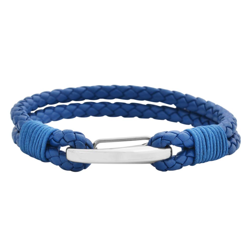 Edforce Braided Genuine Leather 2-Strand Cuff Bracelet with Stainless Steel Clasp (Blue)