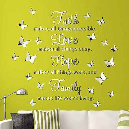 3D Acrylic Mirror Wall Decor Stickers Removable Butterfly Mirror Wall Stickers DIY Faith Makes All Things Possible for Home Office School Teen Dorm Room Decoration(Silver)
