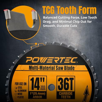 POWERTEC Multi-Material Cutting Blade - 14 inch Cold Saw Blade, 1" Arbor Metal Saw Blade, 36T TCG Cemented Carbide Teeth - Cuts Aluminum, Steel, Iron, Plastic & Wood - 1600 Max RPM - 14013