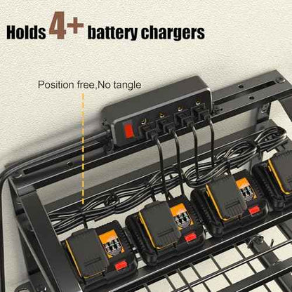 Power Tool Organizer With Charging Station, Heavy Duty Steel 4 Slots, Tool Battery Holder with 4 Outlet Power Strip, Easy To Install Garage Storage Rack for Workshop/Shed Gift For Men