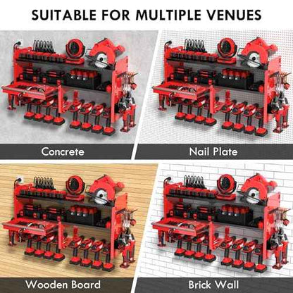 KSVO Power Tool Organizer Wall Mount with Drill Rack, Grinder Holder, Hammer & Pliers Rack, Locking Drawers, 6-Outlet Charging Shelf ? Heavy Duty Metal Tool Storage for Garage, Workshop (Red)