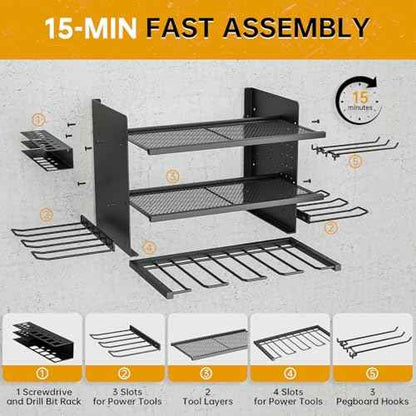 Power Tool Organizer Wall Mount, 3 Layer 8 Drill Holder Tool Shelf Storage Rack for Garage Organization, Birthday Gifts for Him Men Dad Husband Anniversary Fathers Day, Cool Gadget Stocking Stuffer