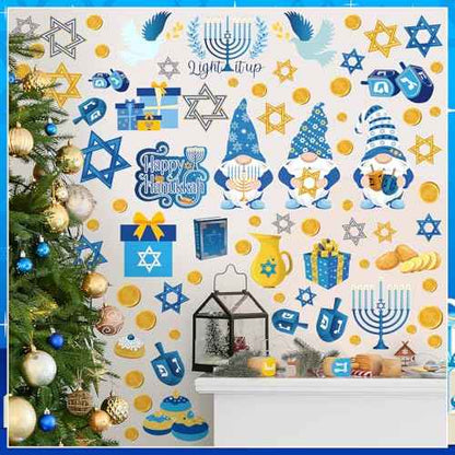 ReliThick 78 Pcs Hanukkah Wall Decals Hanukkah Decor Blue White Gold Menorah Star Gnome Stickers Chanukah Party Decor Jewish Decoration for Living Room Bedroom Nursery Wall Decoration