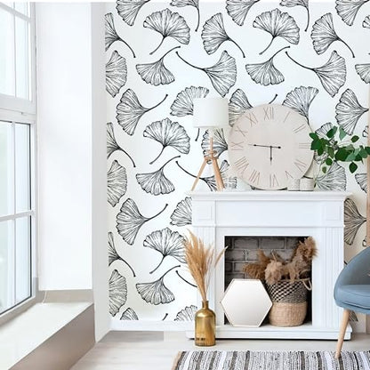 CiCiwind Black and White Peel and Stick Wallpaper Removable Self-Adhesive Wall Paper for Bedroom Bathroom Ginkgo Leaves Contact Paper Modern for Living Room 17.3In¡¿118In