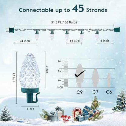 C9 LED Christmas Lights Outdoor with 50 Spring Clips, 50ft 50 LED Waterproof Strawberry String Lights, Commercial Grade Extendable Perfect for Roofline Patio House Xmas Decor, Pure White